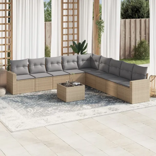 Salon de jardin avec coussins 10 pcs beige résine tressée