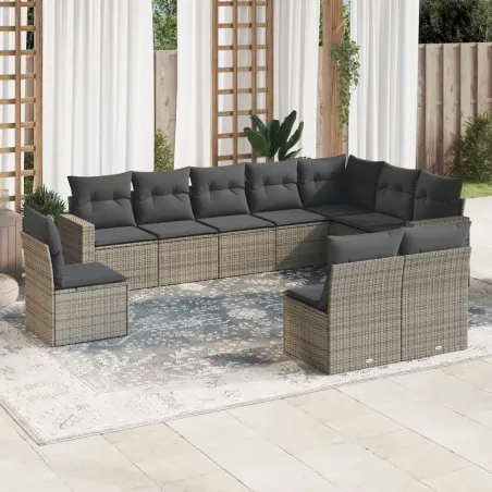 Salon de jardin avec coussins 10 pcs gris résine tressée