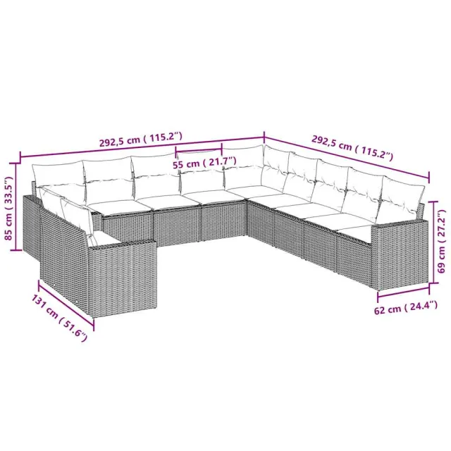 Salon de jardin 11 pcs avec coussins gris clair résine tressée