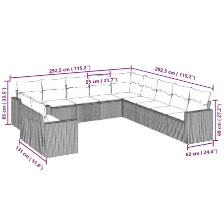 Salon de jardin 11 pcs avec coussins gris clair résine tressée