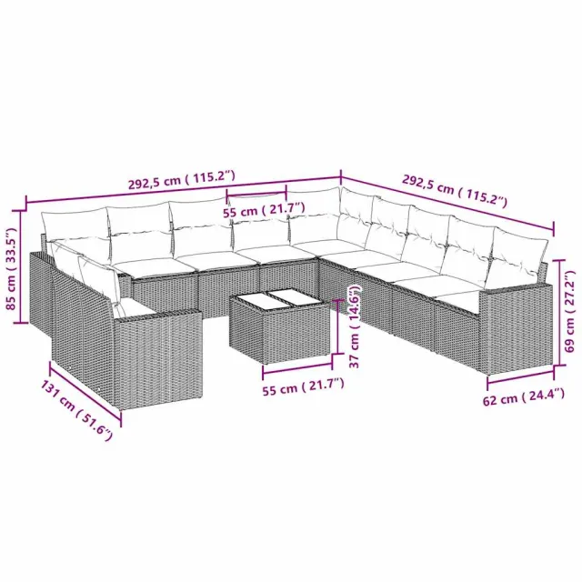 Salon de jardin avec coussins 12 pcs gris clair résine tressée