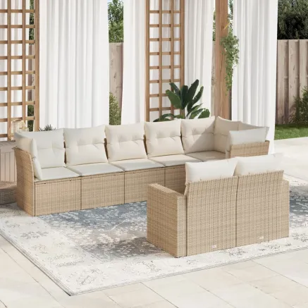 Salon de jardin avec coussins 8 pcs beige résine tressée