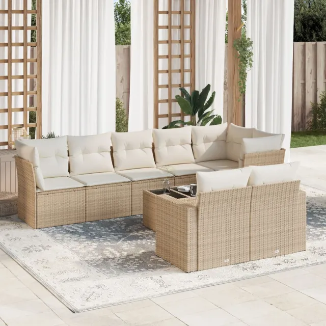 Salon de jardin avec coussins 9 pcs beige résine tressée