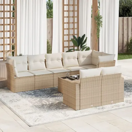 Salon de jardin avec coussins 9 pcs beige résine tressée