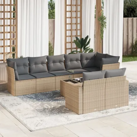 Salon de jardin avec coussins 9 pcs beige résine tressée