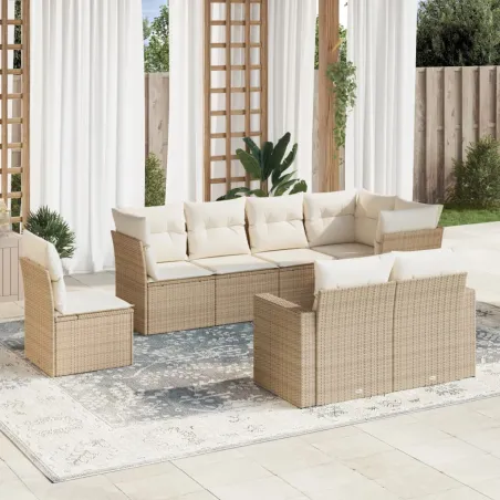 Salon de jardin avec coussins 8 pcs beige résine tressée