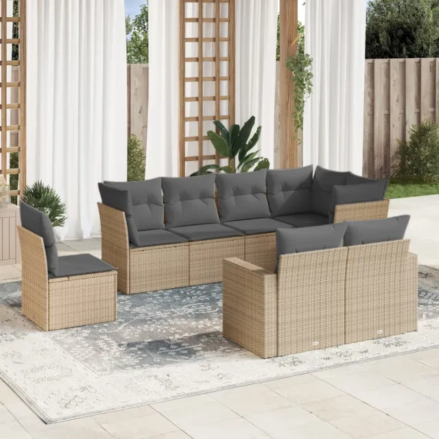 Salon de jardin avec coussins 8 pcs beige résine tressée