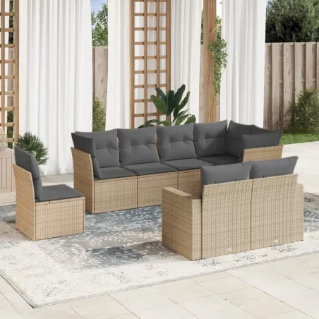 Salon de jardin avec coussins 8 pcs beige résine tressée