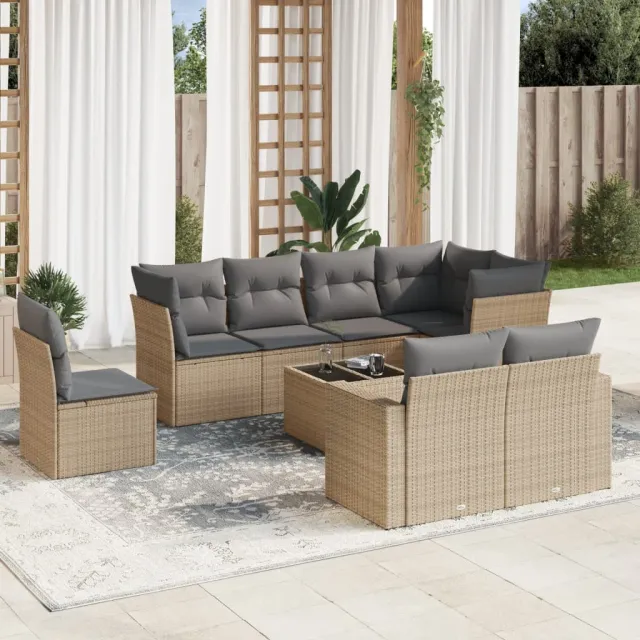 Salon de jardin avec coussins 9 pcs beige résine tressée