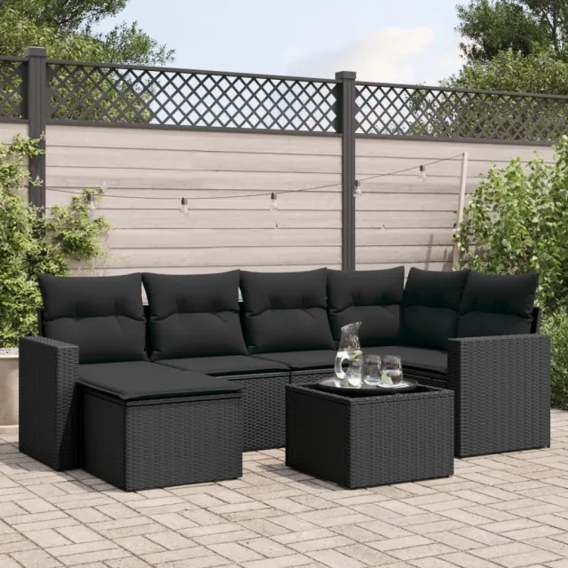 Salon de jardin 7 pcs avec coussins noir résine tressée