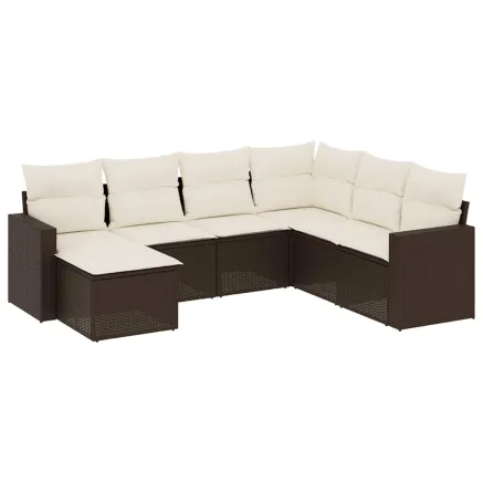 Salon de jardin avec coussins 7 pcs marron résine tressée 2