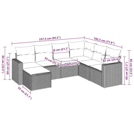 Salon de jardin avec coussins 7 pcs marron résine tressée