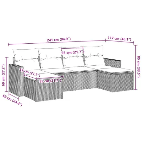 Salon de jardin avec coussins 6 pcs marron résine tressée