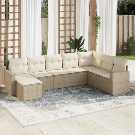 Salon de jardin avec coussins 8 pcs beige résine tressée