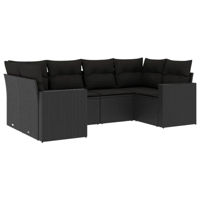 Salon de jardin 6 pcs avec coussins noir résine tressée