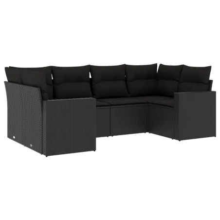 Salon de jardin 6 pcs avec coussins noir résine tressée