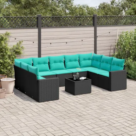 Salon de jardin 10 pcs avec coussins noir résine tressée