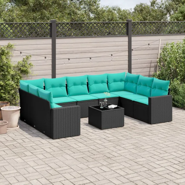 Salon de jardin 10 pcs avec coussins noir résine tressée