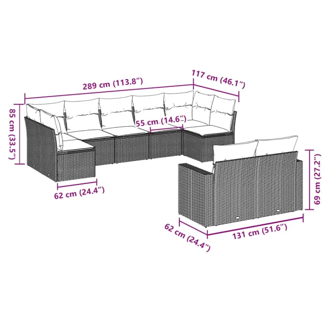 Salon de jardin avec coussins 9 pcs marron résine tressée