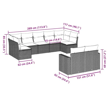 Salon de jardin avec coussins 9 pcs marron résine tressée