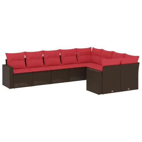 Salon de jardin avec coussins 9 pcs marron résine tressée