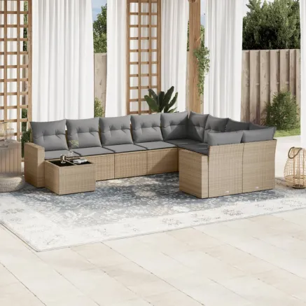 Salon de jardin avec coussins 10 pcs beige résine tressée