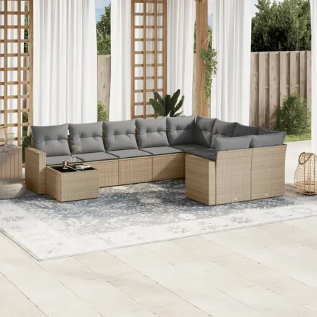 Salon de jardin avec coussins 10 pcs beige résine tressée