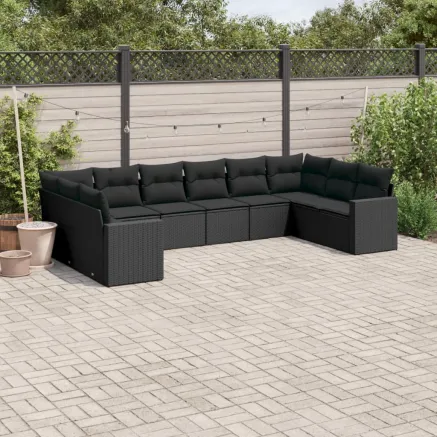 Salon de jardin 10 pcs avec coussins noir résine tressée