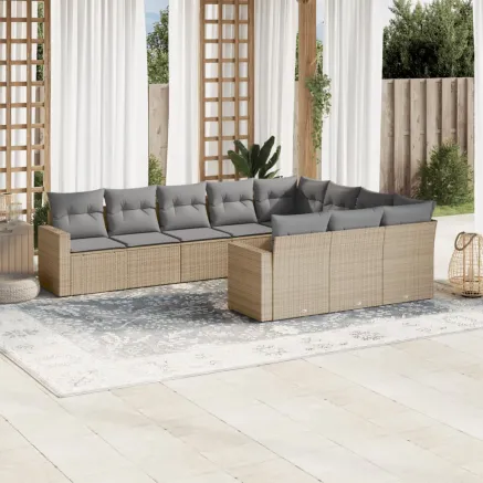 Salon de jardin avec coussins 10 pcs beige résine tressée