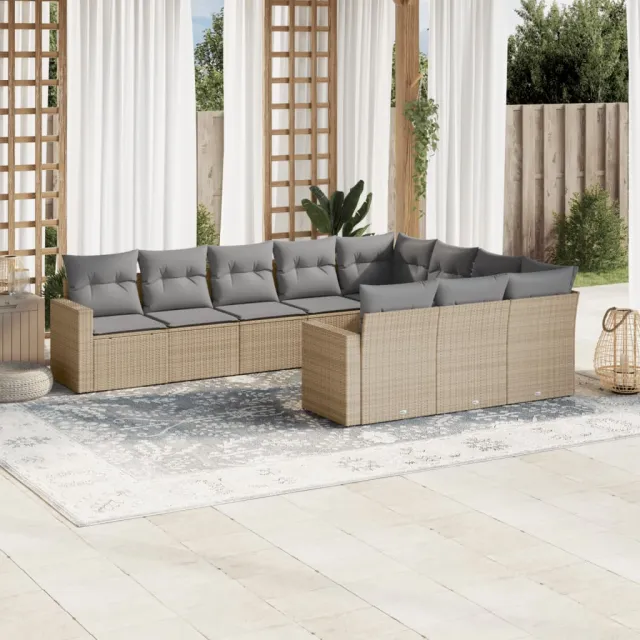 Salon de jardin avec coussins 10 pcs beige résine tressée