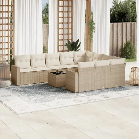 Salon de jardin 11 pcs avec coussins beige résine tressée