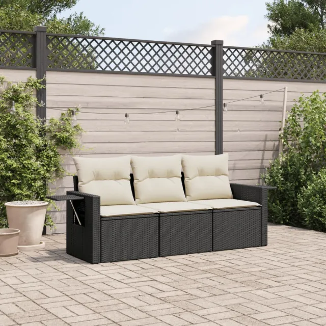 Salon de jardin 3 pcs avec coussins noir résine tressée