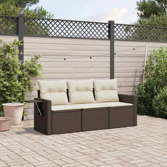 Salon de jardin avec coussins 3 pcs marron résine tressée
