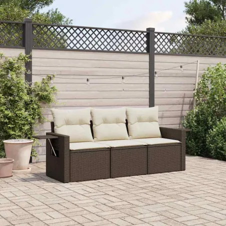 Salon de jardin avec coussins 3 pcs marron résine tressée