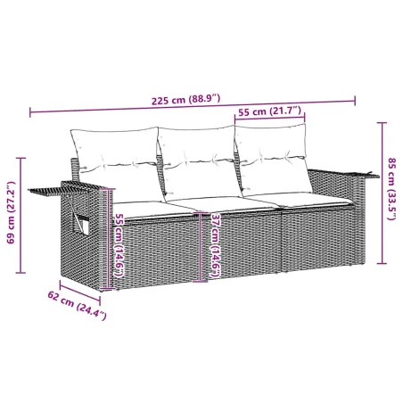 Salon de jardin avec coussins 3 pcs marron résine tressée