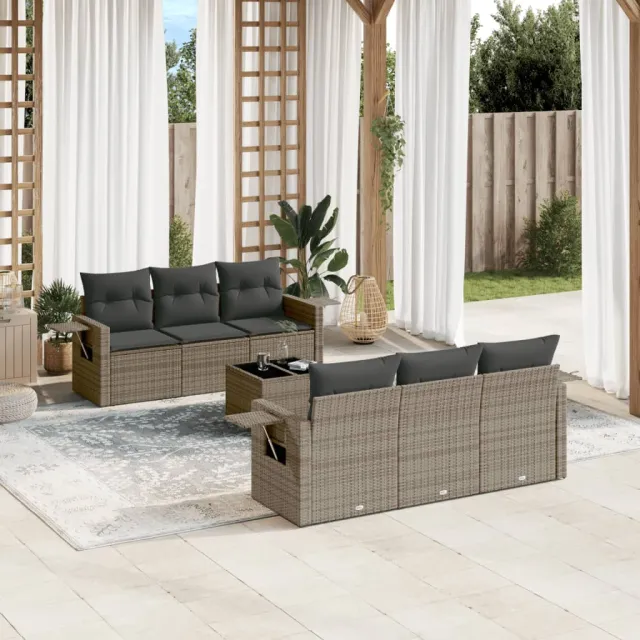 Salon de jardin avec coussins 7 pcs gris résine tressée