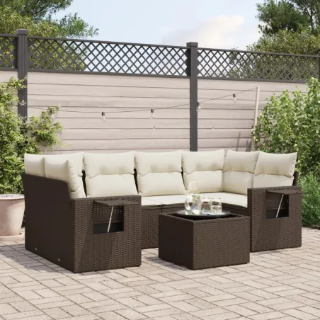 Salon de jardin avec coussins 7 pcs marron résine tressée