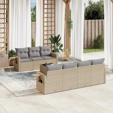 Salon de jardin avec coussins 8 pcs beige résine tressée