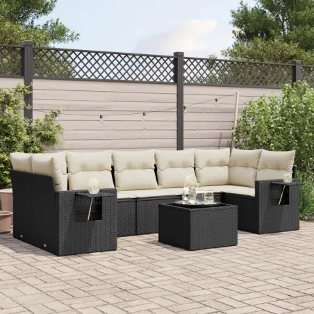 Salon de jardin 8 pcs avec coussins noir résine tressée