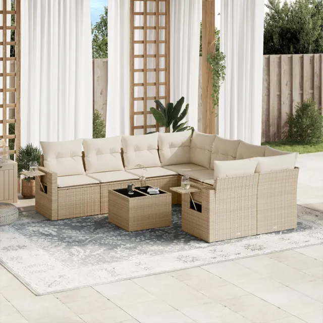 Salon de jardin avec coussins 9 pcs beige résine tressée