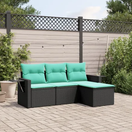 Salon de jardin 4 pcs avec coussins noir résine tressée