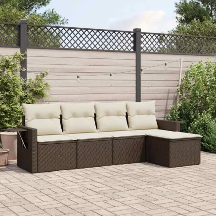 Salon de jardin avec coussins 5 pcs marron résine tressée
