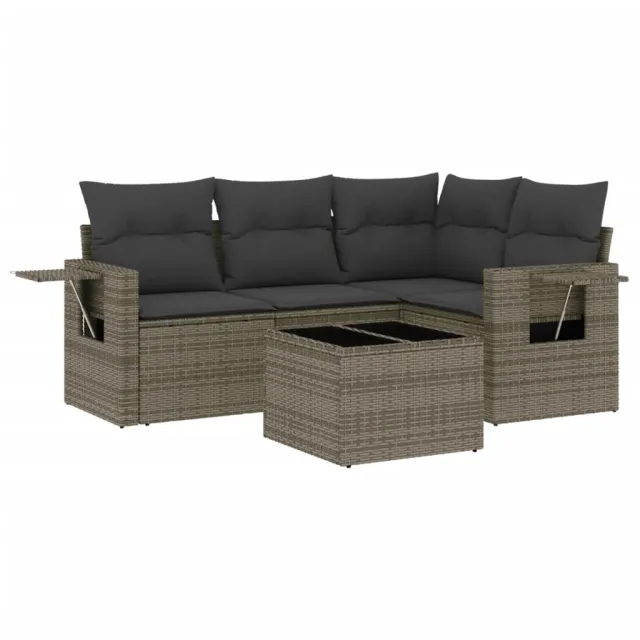 Salon de jardin 5 pcs avec coussins gris résine tressée