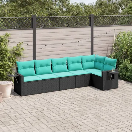 Salon de jardin 6 pcs avec coussins noir résine tressée