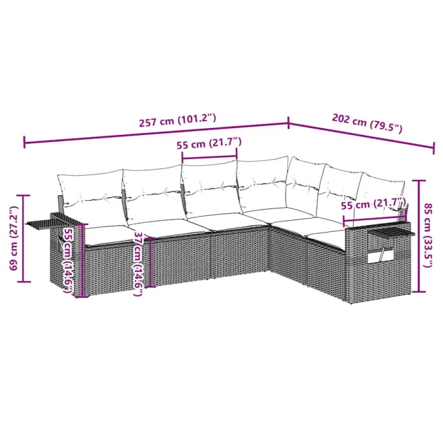 Salon de jardin avec coussins 6 pcs marron résine tressée