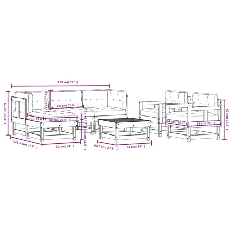 Salon de jardin 7 pcs avec coussins bois de pin imprégné