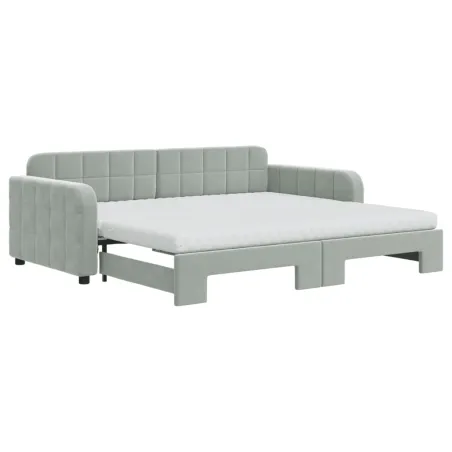Lit de jour avec gigogne et matelas gris clair 90x190cm velours