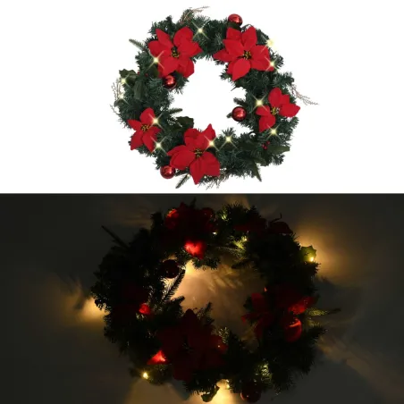 Couronne de Noël avec lumières LED vert 60 cm PVC