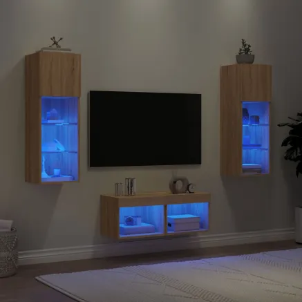 Meuble TV muraux 4 pcs avec lumières LED chêne sonoma