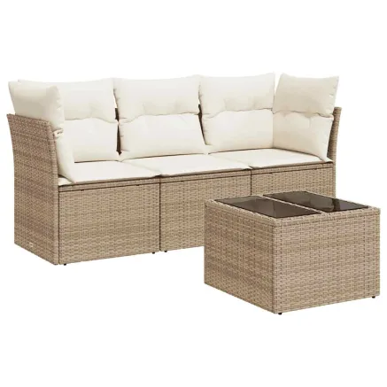 Salon de jardin avec coussins 4 pcs beige résine tressée 2